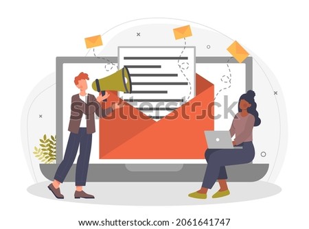 Email campaign concept. Man and girl forming mailing list. News, information, send message. Workflow, office, business, clients. Cartoon flat vector illustration isolated on white background