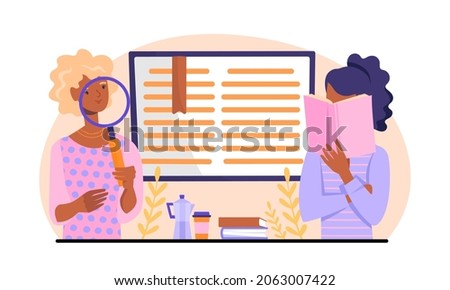 Self help books. Problem solving information. Girls learn new things. Self development through psychology, self understanding, awareness. Cartoon flat vector illustration isolated on white background