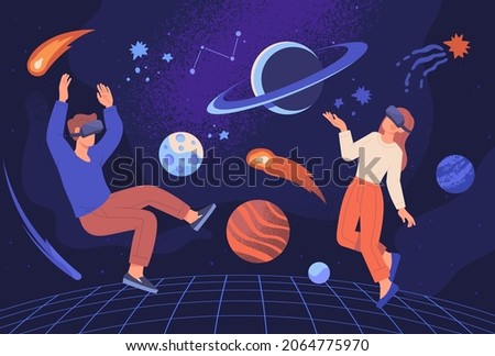 Metaverse or Virtual reality concept. Man and woman in digital glasses flying in outer space among planets and stars. Modern technological entertainment. Cartoon colorful flat vector illustration