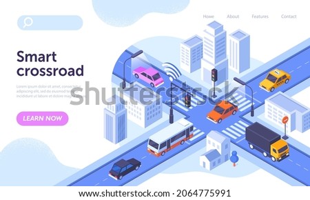 Smart crossroad concept. Wireless connection, remote control and management, automation, optimization. Landing page, road, transport. Intelligent traffic monitoring. Cartoon flat vector illustration