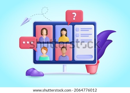 Online Meeting concept. Employees communicate via video link and discuss details of project. Tablet or computer monitor with chat. Remote work or freelance. Cartoon realistic 3D vector illustration.