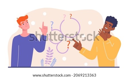 Making business decisions. Men discuss problem and look for ways and means to solve it. Male characters ask questions and think. Entrepreneurs make difficult choices. Cartoon flat vector illustration Foto stock © 