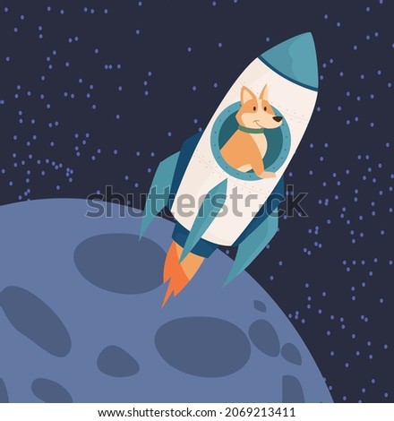 Dog Riding Rocket To Moon concept. Increase in value of dogecoin in stock market. Animal in outer space. Metaphor for successful investment in crypto currency. Cartoon flat vector illustration