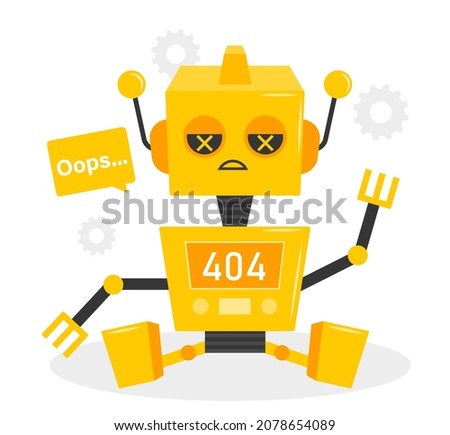 Robot error 404. Artificial intelligence has broken down. Errors in code, modern technologies. Graphic elements for website, poster, banner. Invalid or broken link. Cartoon flat vector illustration