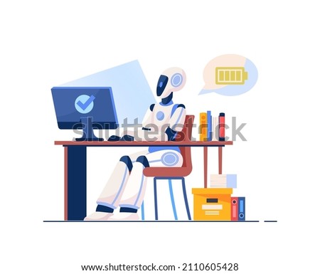 Human vs robot. Android sitting at computer, artificial intelligence. Futuristic scenes from office, character at work. Fantastic character, cyberpunk and ai. Cartoon flat vector illustration