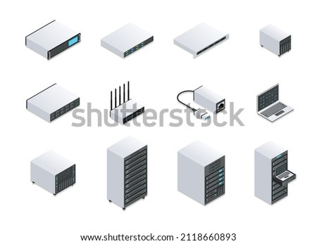 Server equipment abstract concept set. Stickers with laptop, flash card, router, database and disk drive. Design elements for network. Cartoon isometric vector collection isolated on white background
