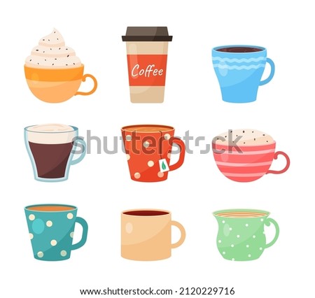 Set of cup. Collection of homemade mugs for hot drinks, tea or coffee. Important crockery, kitchen utensils. Cafe or restaurant. Cartoon flat vector illustrations isolated on white background