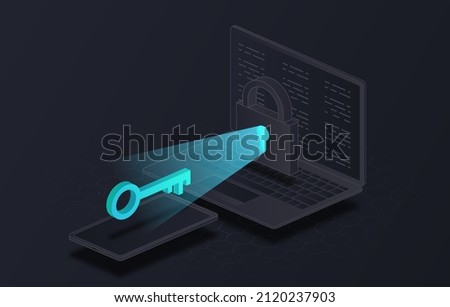 Dual authentication concept. Modern methods of protecting personal data, authorization and verification of users identity. Password, padlock and key near laptop. Isometric vector illustration