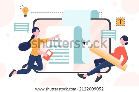 Team of copywriters concept. Man and girl write article, filling sites. Modern technologies and earnings on Internet. Team of freelancers or SEO specialists. Cartoon flat vector illustration