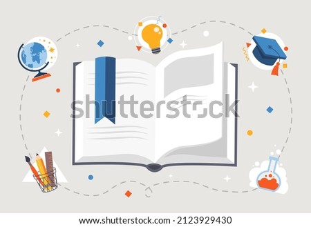 Study material concept. Book and library. Love for literature, knowledge, education and selfdevelopment. University and school. Graphic elements for website. Cartoon flat vector illustration