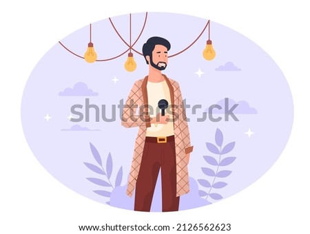 Stand up show. Man stands with microphone on stage, comic and humorous concert. Cheerful and charming guy joking, monologue and public speaking, orator with mic. Cartoon flat vector illustration