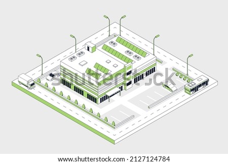 Modern shopping center. Futuristic urban landscape, buildings. Environmental projects, reduction of hazardous waste, care for nature, global problems, project. Cartoon flat vector illustration