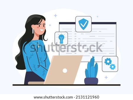 Operating system abstract concept. Young female developer sets up software on laptop and comes up with new ideas. Woman installs os on digital device. Cartoon contemporary flat vector illustration