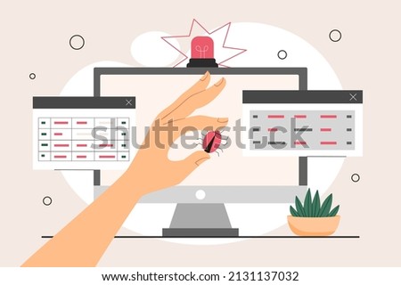 Man fix computer deleting malware, virus, bug or system error. Programmer or system administrator installs antivirus and protects data or files. Cartoon contemporary flat vector illustration