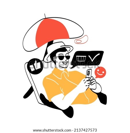 Travel and delivery. Man sitting on beach with phone. Character orders food and refreshments for himself. Leisure and travel, modern and high quality service. Cartoon flat vector illustration