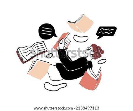 Literature fan with books concept. Young woman surrounded by books and pages reads interesting story and plunges into it. Hobby or entertainment. Cartoon flat vector illustration in doodle style