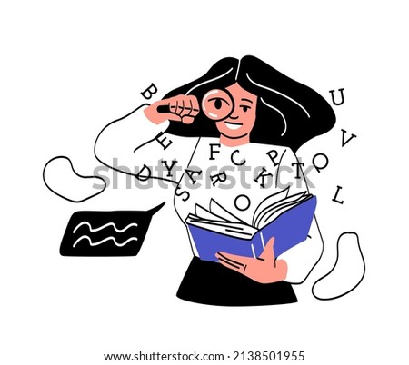 Person with interesting book abstract concept. Woman with magnifying glass in her hands reads literary work or fiction. Immersion in world of fantasy. Cartoon flat vector illustration in doodle style