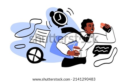 Scenes of hectic pace of life. Man with documents runs and eats against background of clock. Hard working employee afraid to meet deadlines. stress and panic. Cartoon flat vector illustration