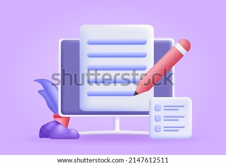 Copywriting 3d icon. Pen writes on document on computer screen. Creativity and filling website pages with content, freelancing and remote work, authorship. Cartoon isometric vector illustration