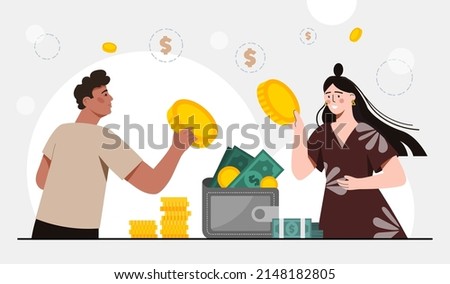 Family budget concept. Man and girl with coins in their hands, financial literacy and savings. Young couple investing money, passive income, finance management. Cartoon flat vector illustration