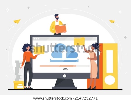 Download file concept. Cloud service and information exchange on Internet. Progress, modern technologies and digital world, remote employees. People next to monitor. Cartoon flat vector illustration