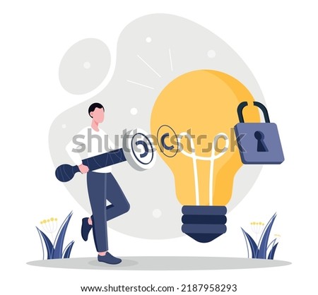 Protection your idea. Man puts stamp on light bulb under lock and key. Copyright, intellectual property. Legislation, private property. Poster or banner for website. Cartoon flat vector illustration