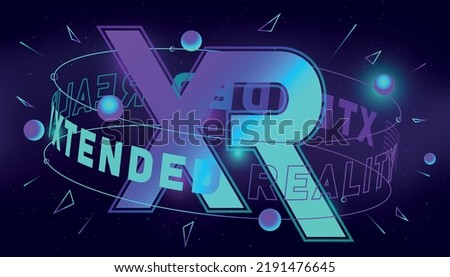 Xtended Reality concept. Advertising poster or banner for website, modern marketing and space for text. XR and cyberspace. Device for gaming and learning. Cartoon isometric vector illustration