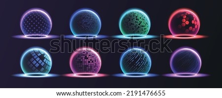 Sphere shield energy set. Protection of information on Internet. Modern technologies and digital world. Antivirus and personal data security. Realistic vector illustrations isolated on dark