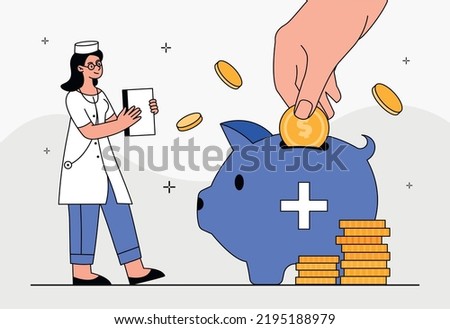Health saving account. Doctor with folder watches as large hand puts coins in piggy bank. Financial literacy, savings and investment, economics. Poster or banner. Cartoon flat vector illustration