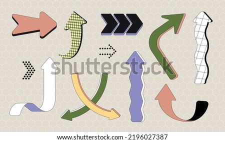 Dynamic arrow set. Collection of graphic elements for website. Icons, interface. Navigation and sitemap, previous and next tab. Cartoon flat vector illustrations isolated on beige background