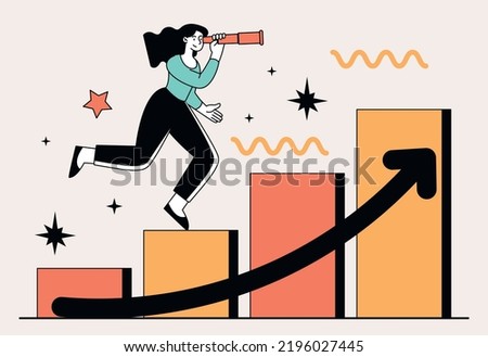 Successful woman concept. Young girl climbs statistics columns. Financial literacy, leadership and motivation. Goal setting, planning and strategy development. Cartoon flat vector illustration