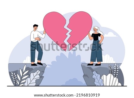Concept of relationship. Man and woman connect halves of heart. Love, support and care. Young couple and happy family. Greeting postcard for or valentines day. Cartoon flat vector illustration