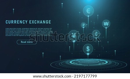 Currency exchange concept. Trading and investing, financial literacy and economics. Euro, dollar, yen and pound sterling coins. Poster or banner for website. Realistic neon vector illustration