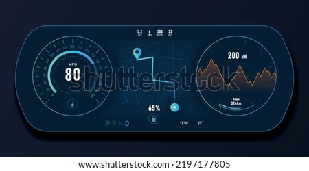 Car dashboard screen. Infographics, interface for vehicle. Speed and route analysis. Navigation and geolocation, GPS. Graphs, diagrams and charts, statistics. Realistic 3D vector illustration