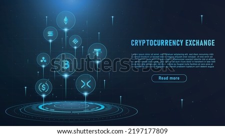 Cryptocurrency exchange concept. Financial literacy and investment, trading. Innovation and blockchain technology. Bitcoin, ethereum, altcoin and litecoin. Realistic neon vector illustration