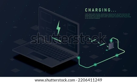 Charging laptop concept. Portable gadgets and devices, modern technologies and cyberspace. Advertising poster or banner for website. Electricity and energy, battery. Neon Isometric vector illustration