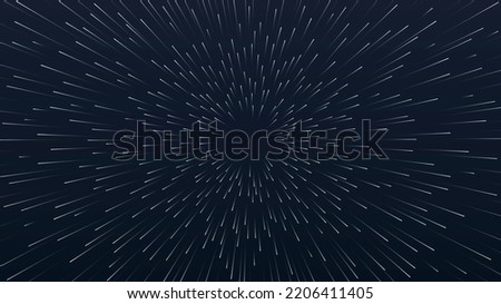 Lightspeed travel background. Metaphor for acceleration of spacecraft in space, supersonic jump. Modern technologies and innovations. Galaxy and cosmos exploration. Cartoon flat vector illustration