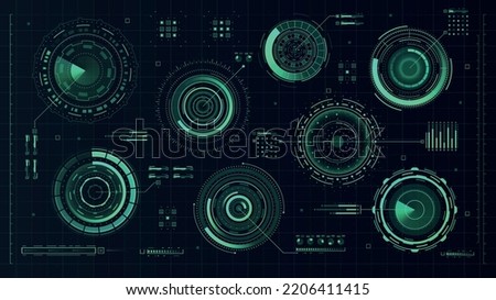 Hud futuristic circular. Indicators and graphs, locators on airship. Dashboard, interface element. Modern technologies and digital world, innovations and cyberspace. Neon vector illustration