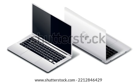 3d laptop concept. Gadgets and devices. Modern technologies and digital world. Advertising poster or banner for website. Computer with programs and apps. Realistic isometric vector illustration