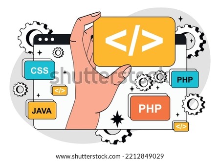 Hand hold code. Modern technologies and digital world, IT sphere. Programming and development of programs, software and applications. Poster or banner for website. Cartoon flat vector illustration