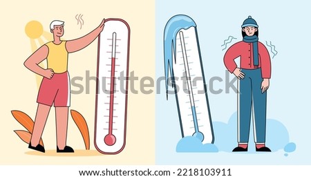 High and low temperature. Man in sunny weather and woman in snow next to thermometers. Comparison and evaluation. Summer and winter. Poster or banner for website. Cartoon flat vector illustration