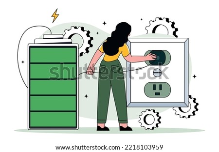Charged battery concept. Young girl fills battery from socket. Metal of electrical energy. Poster or banner for website. Modern technologies, gadgets and devices. Cartoon flat vector illustration