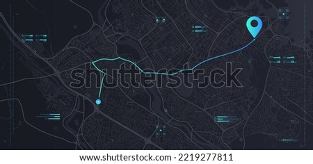 Futuristic route dashboard. Geolocation and navigation, digital map, GPS. Travel and tourism, home delivery and package tracking. Poster or banner for website. Cartoon flat vector illustration