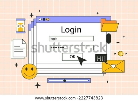 Computer window set. Collection of graphic elements for website, UI and UX design. Interface for programs and applications in retro style. Back to 80s and 90s. Cartoon flat vector illustration