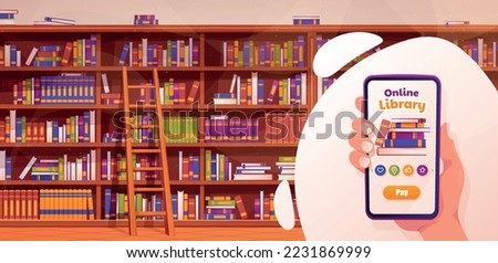 Pay book concept. Advertising poster or banner for website, modern technology and digital world. Online purchase of books, love of literature, education and training. Cartoon flat vector illustration