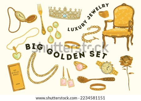 Big luxury Golden set. Stickers with beautiful jewelry, diamonds and gems. Wedding ring, earrings, diadem and golden antique throne. Cartoon flat vector collection isolated on beige background