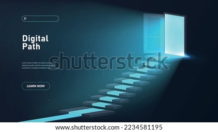 Digital path concept. Blue virtual staircase to door, modern technology and digital world, cyberspace. Metaphor for metaverse and landing webpage design. Cartoon isometric vector illustration