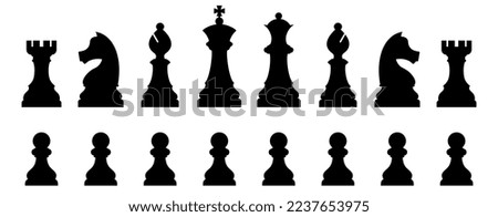 Chess pieces set. Collection of graphic elements for website. Sports and intellectual game, strategy. Queen, king, horse and pawn. Cartoon flat vector illustrations isolated on white background