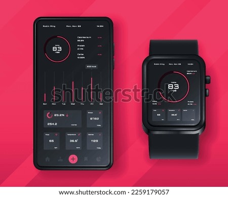 Sport app in watch set. Smartwatch and smartphone. Gadgets and devices collection, wireless connection and synchronization. Check health rate. Realistic vector illustrations isolated on red background
