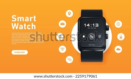 Smart watch banner. Landing page design. Device and gadget, modern technology and innovation. Internet and wireless connection, bracelet for check heart rate and steps. Realistic vector illustration